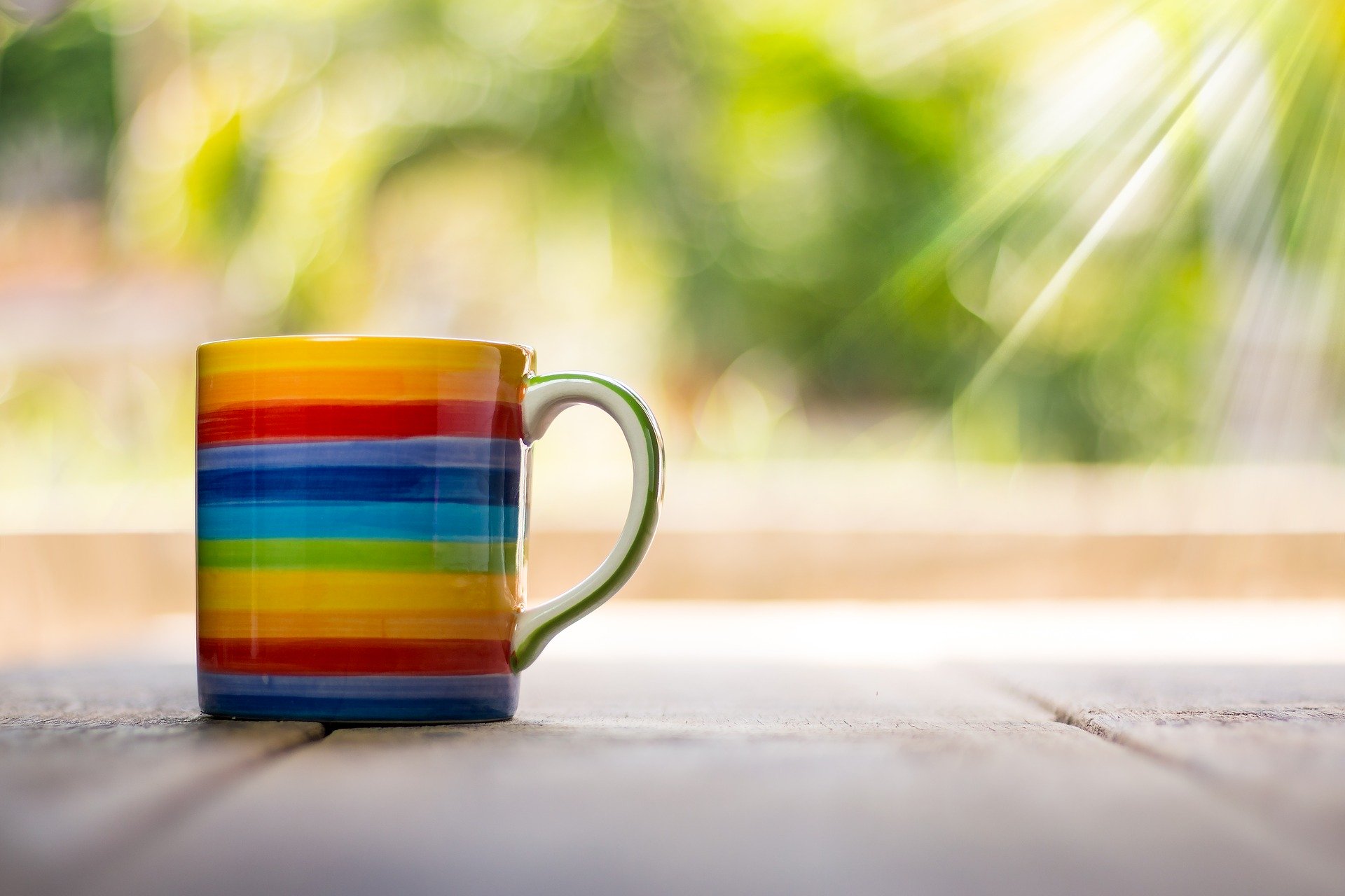 a rainbow cup sitting on a table with a green plant in the background